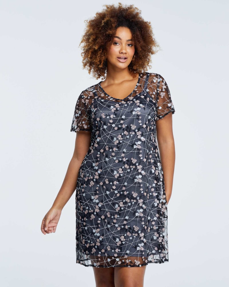 Front of a model wearing a size 3X Rhea Embroidered Mesh Dress in Multi by Estelle. | dia_product_style_image_id:264633